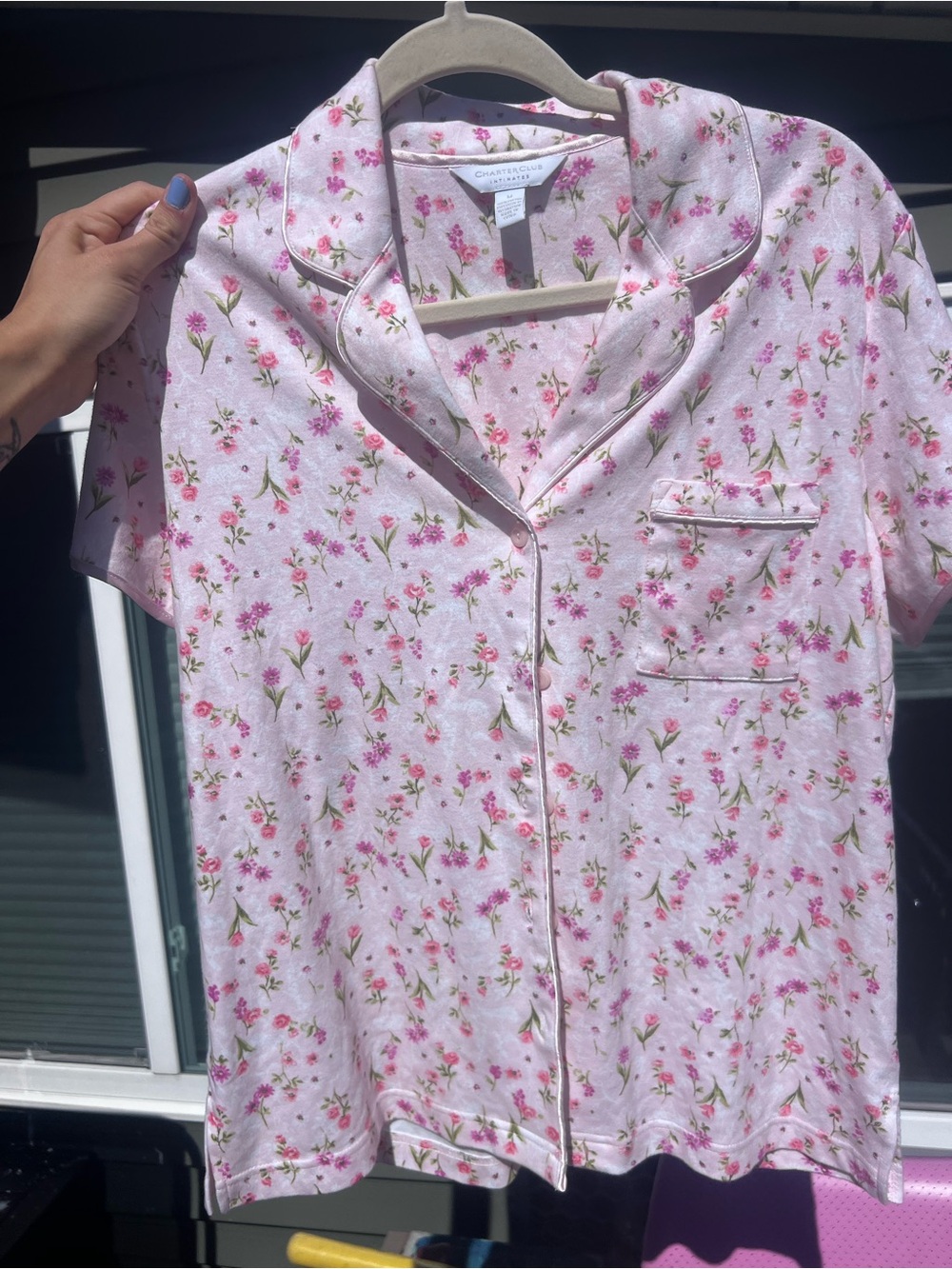 Charter Club Intimates Pink Floral 100% Cotton Short Sleeve Pajama Top M